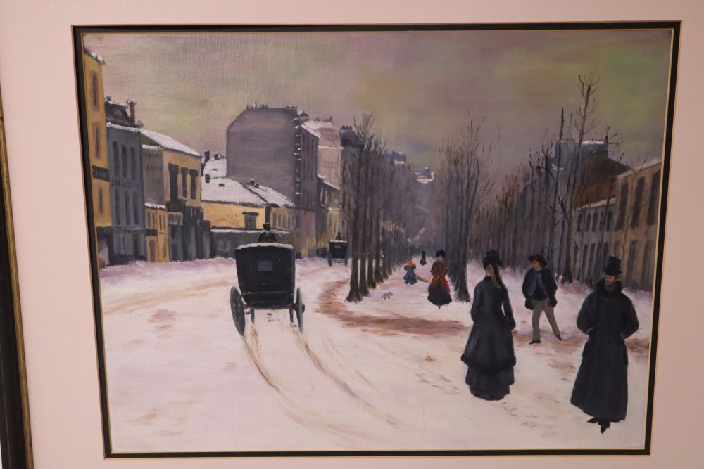 French School, oil on canvas board, Winter street scene, 39 x 50cm